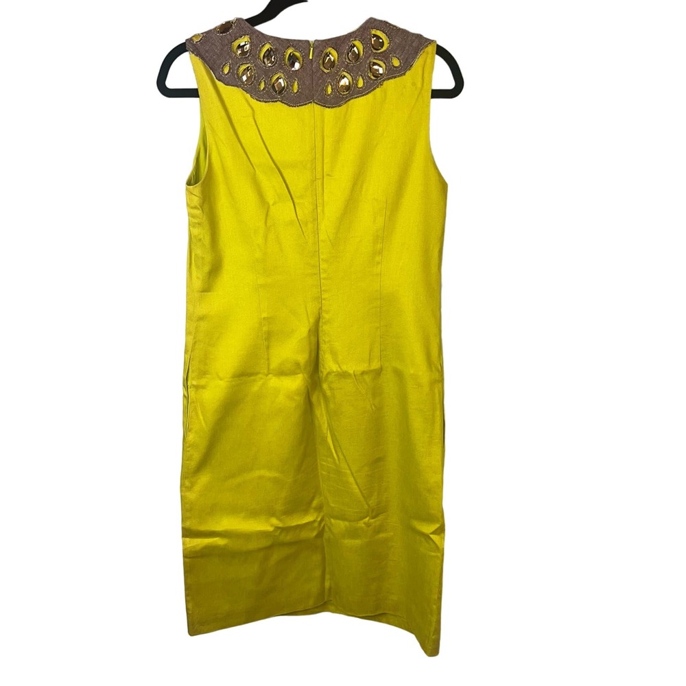Tory Burch Chartruese Gold Green Linen Dress w Jewel Neckline Size 6 - Picture 13 of 15